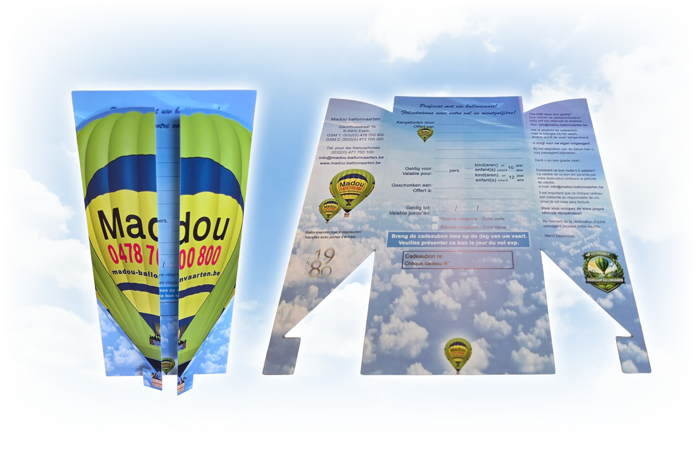 Cadeaubon van Madou Ballonvaarten in de vorm van een warmeluchtballon, met enveloppe met wolkenmotief