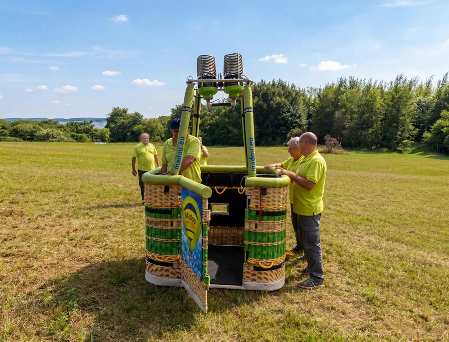 Ballonmand van Madou met instapdeur klaar op het opstijgveld