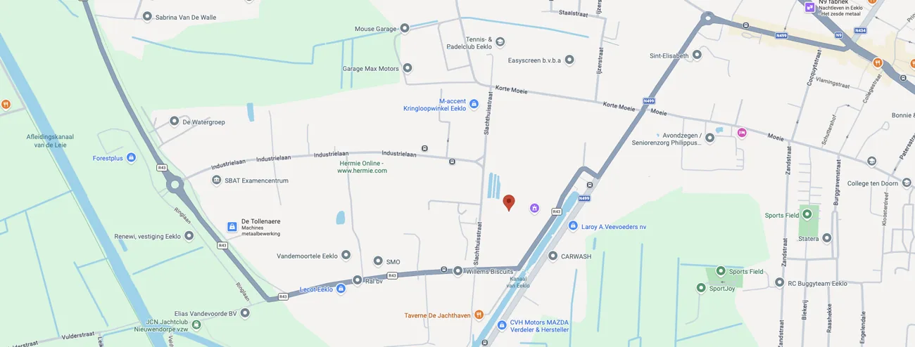 Kaart met de ligging van het ballonbedrijf in de Slachthuisstraat 1B in Eeklo