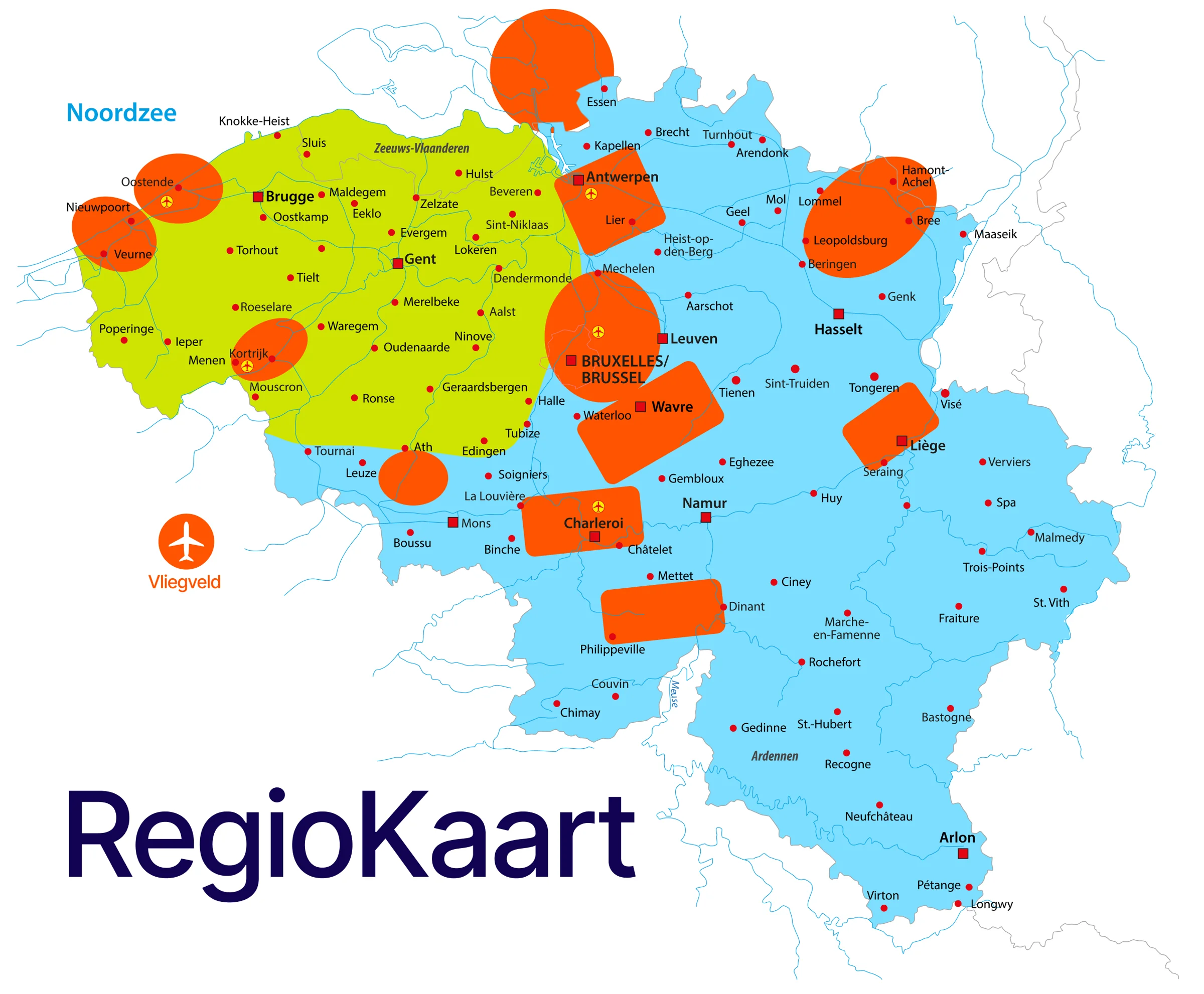 Regiokaart van Madou Ballonvaarten met de groene en blauwe prijszone over Vlaanderen en België