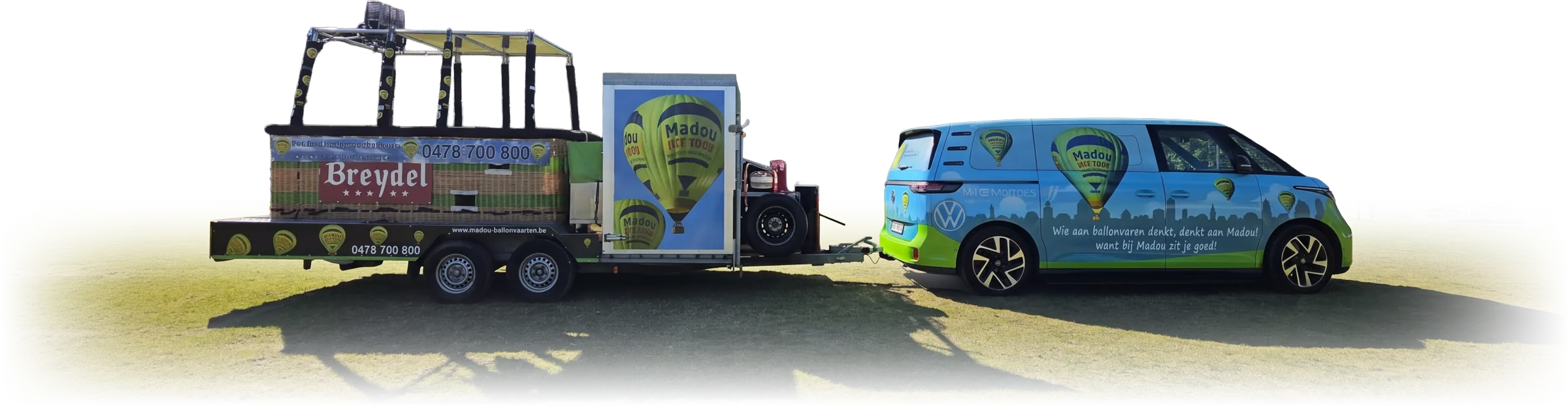 Elektrische wagen van Madou met de aanhangwagen en ballonmand
